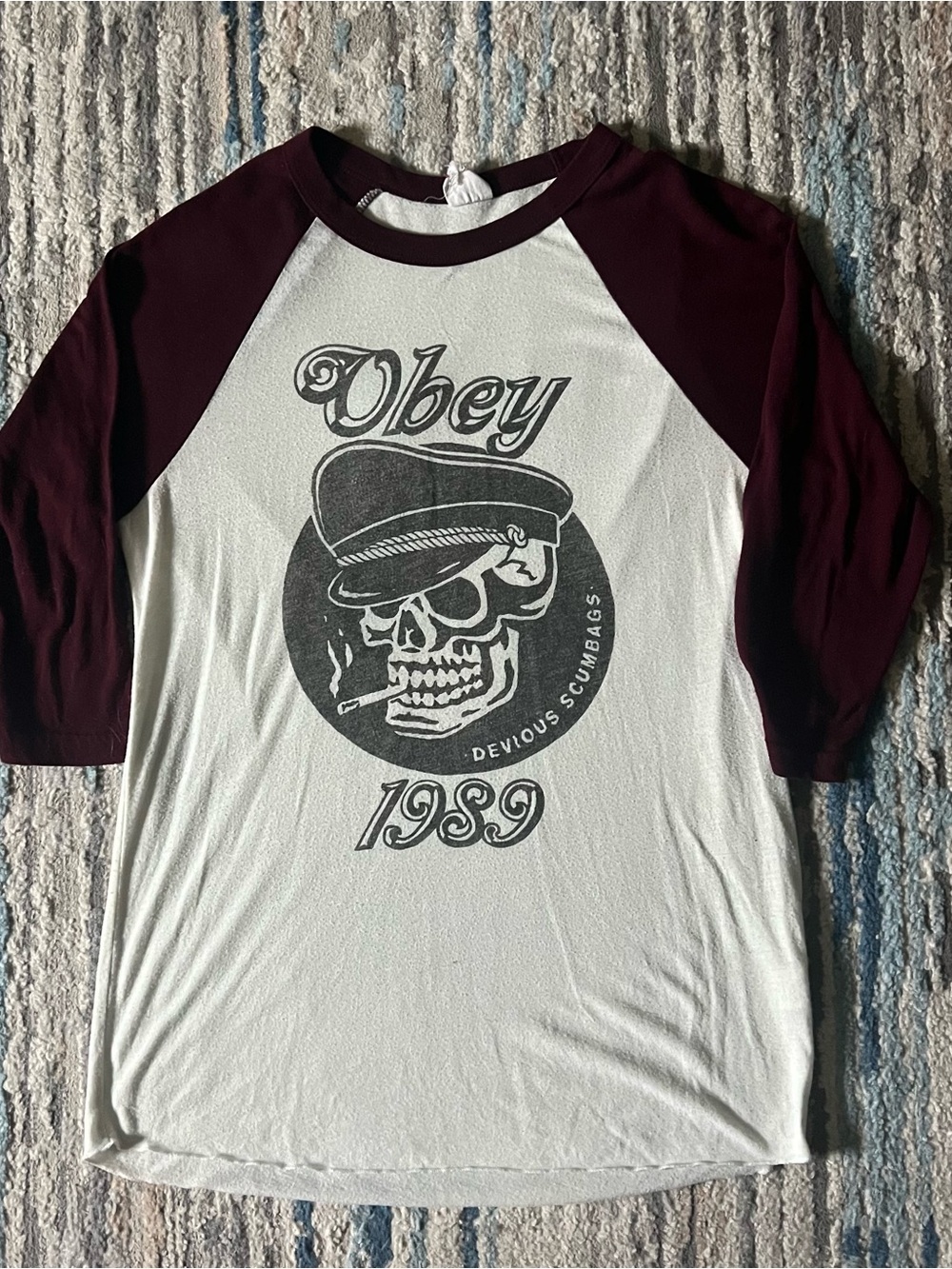 Obey White Baseball Tee with Maroon Raglan Sleeves